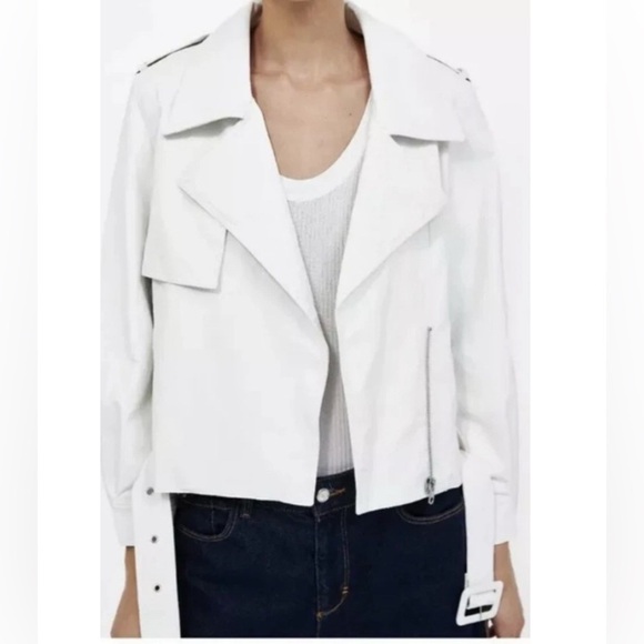 Zara White Faux Leather Moto Jacket Belted Oversized Lapel Medium - Picture 10 of 10